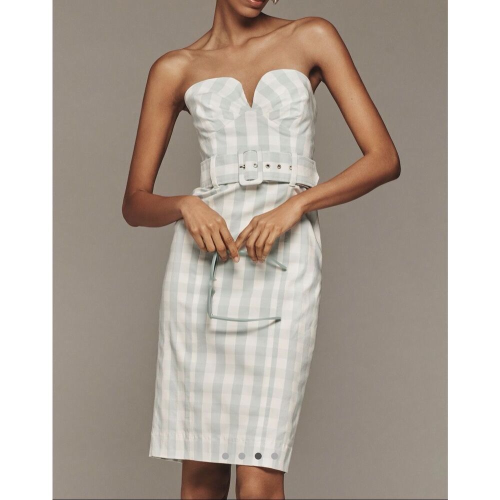 NEW Anthropologie Maeve Strapless Sweetheart Fitted Midi Dress Large Mint Checke